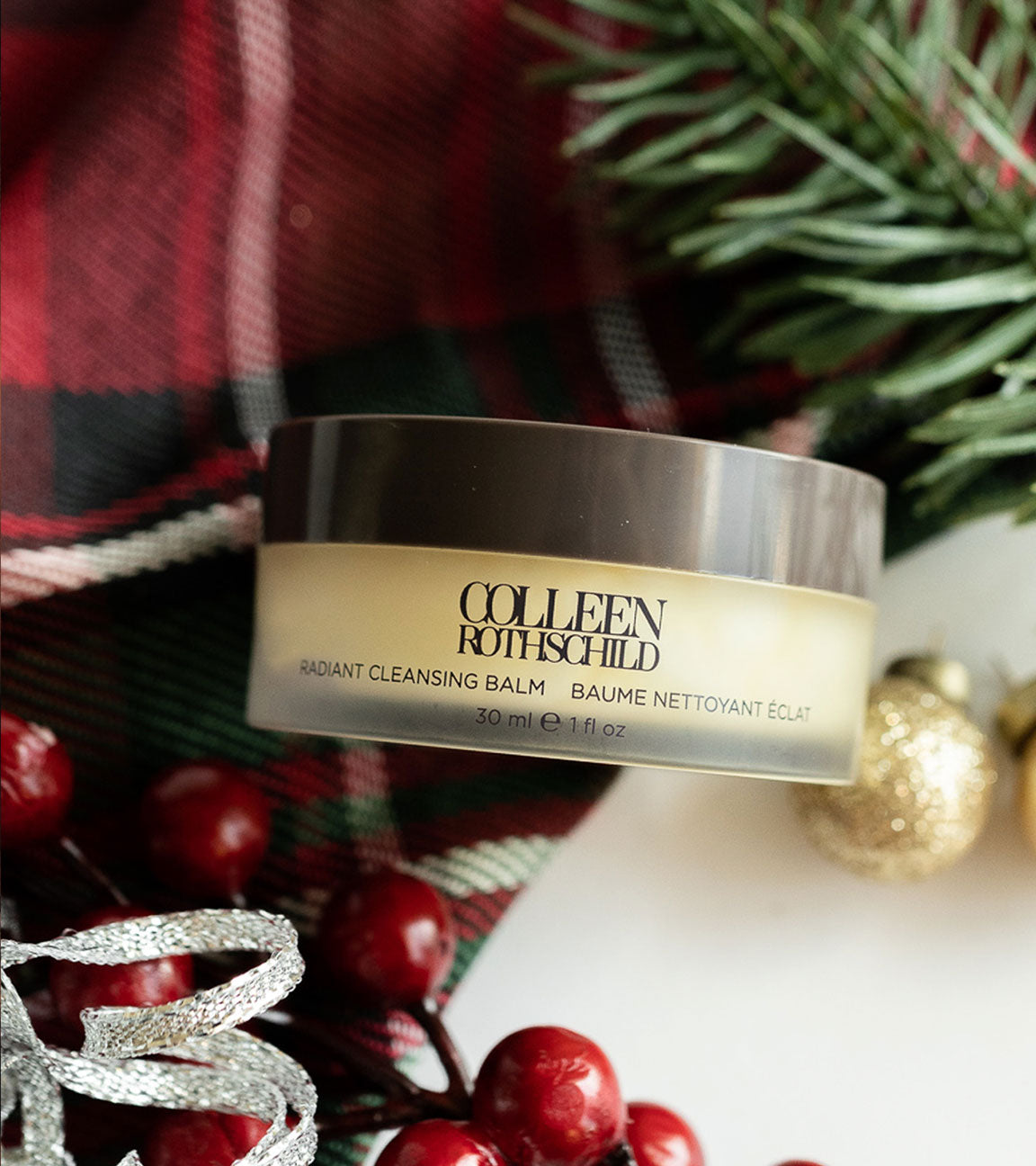 Colleen Rothschild Beauty radiant cleansing balm on holiday background.