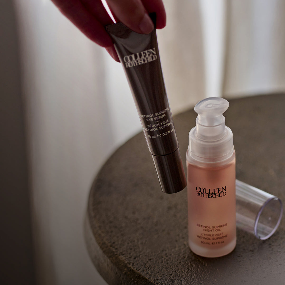 Colleen Rothschild Beauty Retinol Supreme Eye Serum and Retinol Supreme Night Oil on table