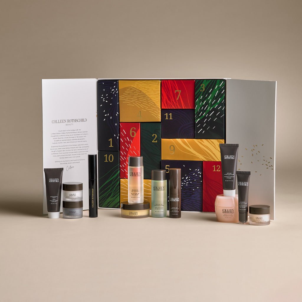 Colleen Rothschild's 12 Advent calendar with beauty products with string lights.