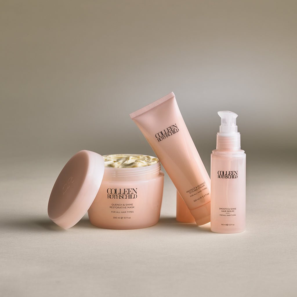 Pink hair mask, styling cream, and hair serum
